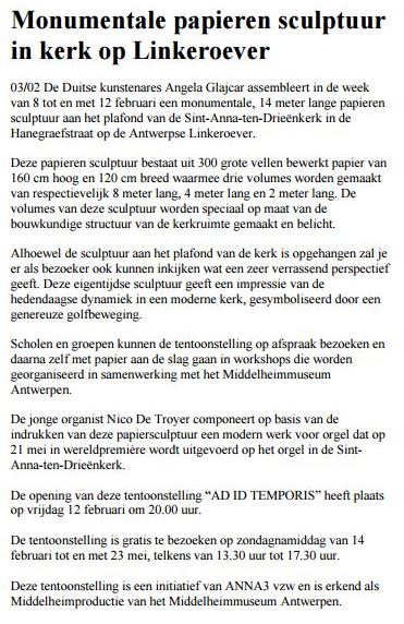 ANNA3 in de pers | 3 februari 2010 | Gazet Van Antwerpen | Monumentale papieren sculptuur in kerk op Linkeroever | Angela Glajcar